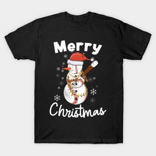 Merry Christmas Snowman Playing Baseball for Baseball Fans T-Shirt